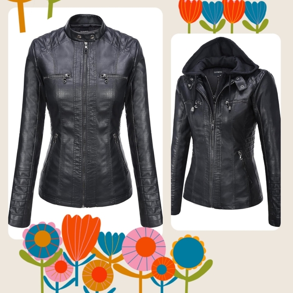 Women's Removable Hood Faux Leather Jacket XXL in Black - Picture 3 of 16